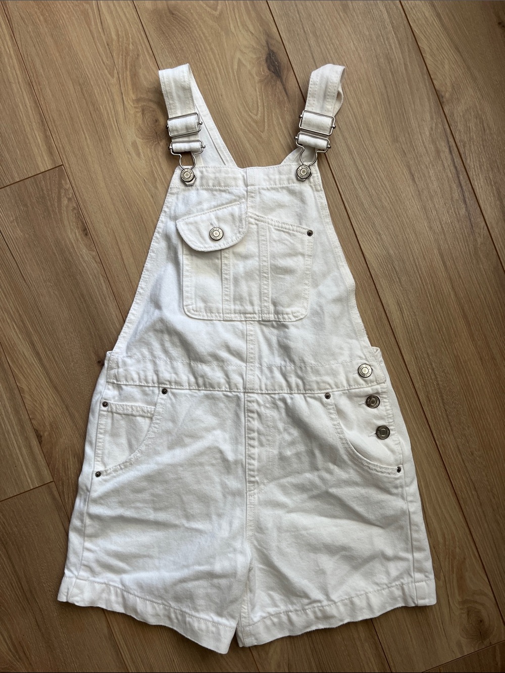 ZARA White Denim Shortalls with Silver Buckle Hardware